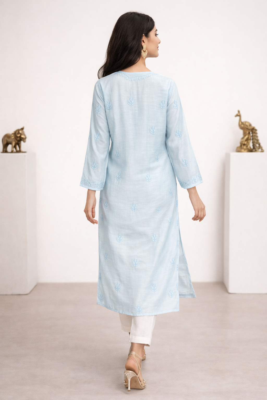 Lucknowi Chikankari Blue Chanderi Kurti-K000174