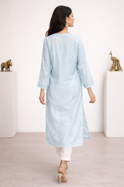Lucknowi Chikankari Blue Chanderi Kurti-K000174
