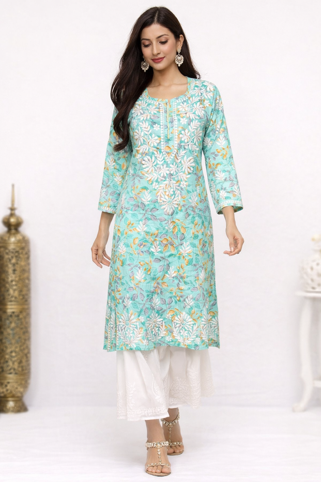 Lucknowi Chikankari Green Printed Cotton Kurti-K000175