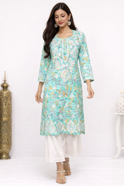 Lucknowi Chikankari Green Printed Cotton Kurti-K000175