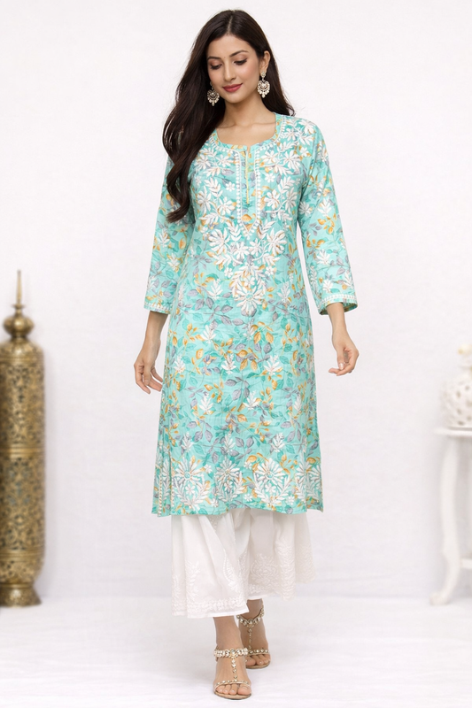 Lucknowi Chikankari Green Printed Cotton Kurti-K000175
