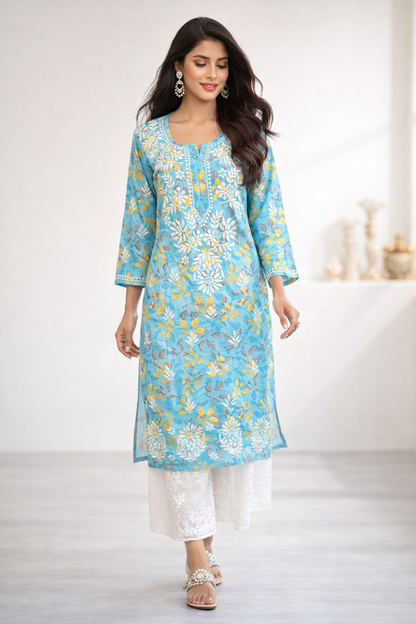 Lucknowi Chikankari Blue Printed Cotton Kurti-K000176