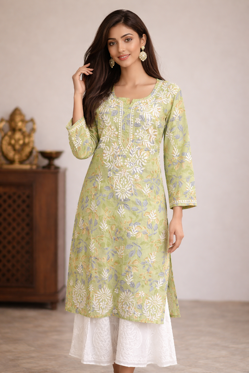 Lucknowi Chikankari Green Printed Cotton Kurti-K000177