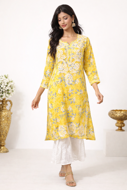Lucknowi Chikankari Yellow Printed Cotton Kurti-K000179