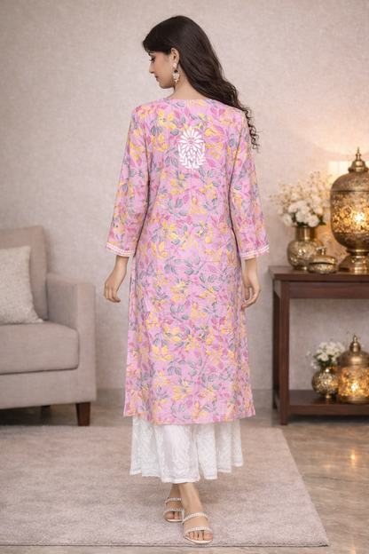 Lucknowi Chikankari Pink Printed Cotton Kurti-K000180