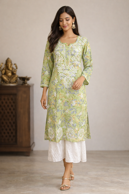 Lucknowi Chikankari Green Printed Cotton Kurti-K000177