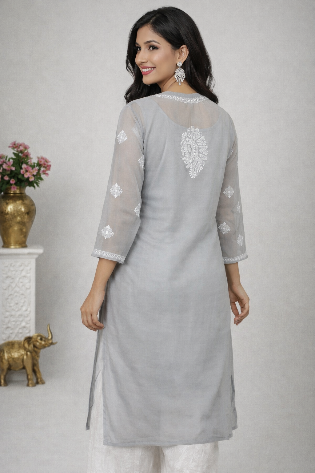Lucknowi Chikankari Grey 'Dhoondhla' Georgette Kurti-K20003