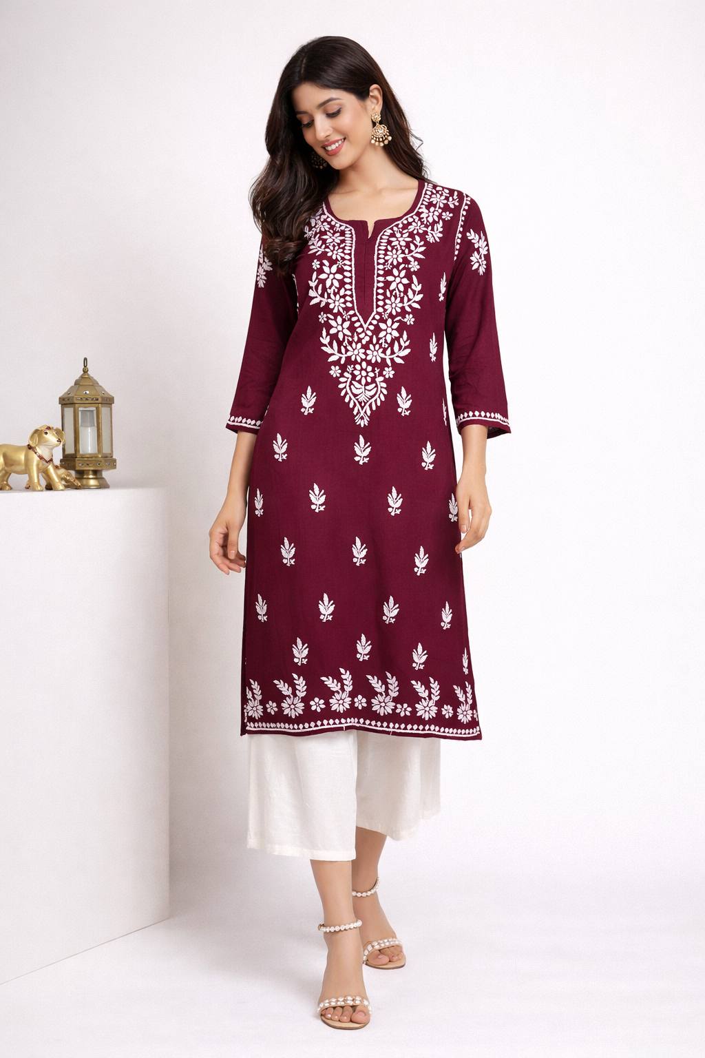 Lucknowi Chikankari Wine Rayon Kurti-K000159