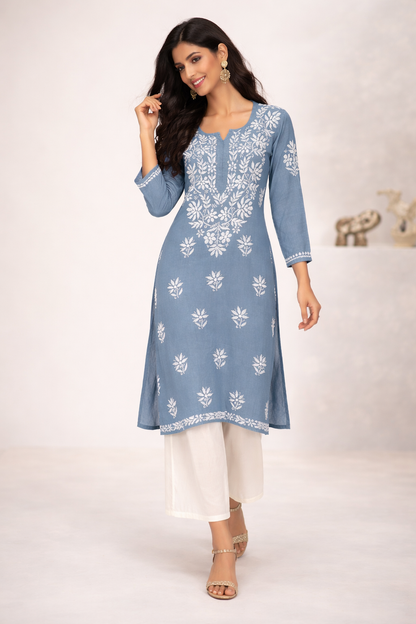 Lucknowi Chikankari Grey Rayon Kurti-K000161