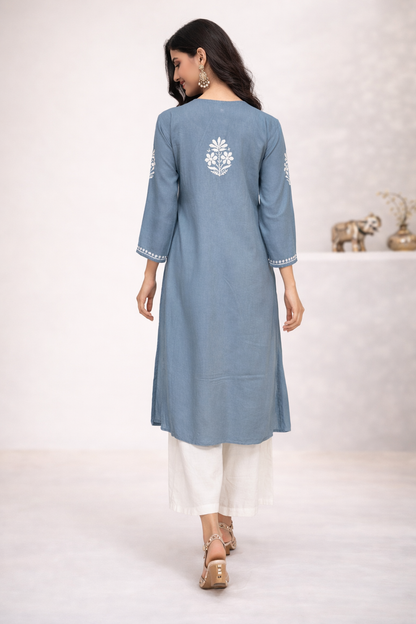 Lucknowi Chikankari Grey Rayon Kurti-K000161