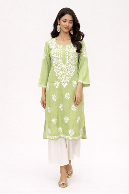 Lucknowi Chikankari Green Rayon Kurti-K000162