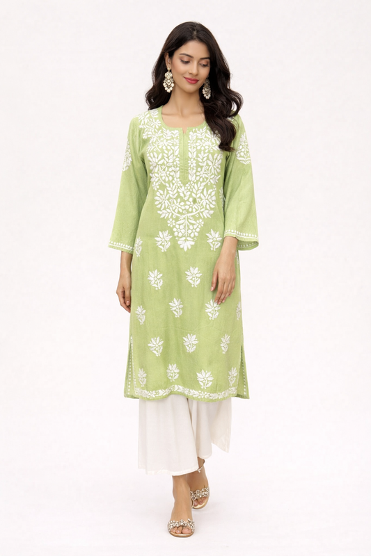Lucknowi Chikankari Green Rayon Kurti-K000162