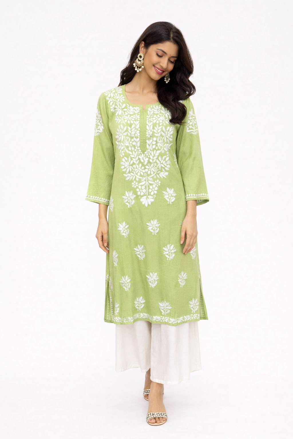 Lucknowi Chikankari Green Rayon Kurti-K000162