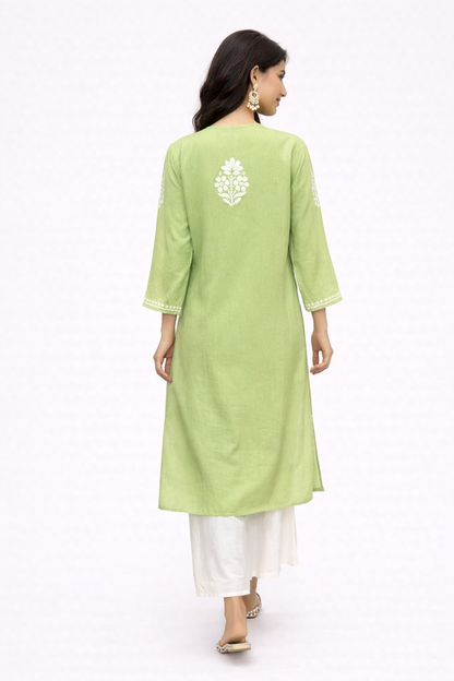 Lucknowi Chikankari Green Rayon Kurti-K000162