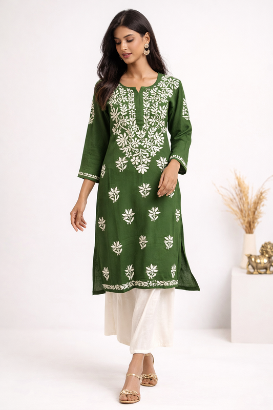 Lucknowi Chikankari Green Rayon Kurti-K000163