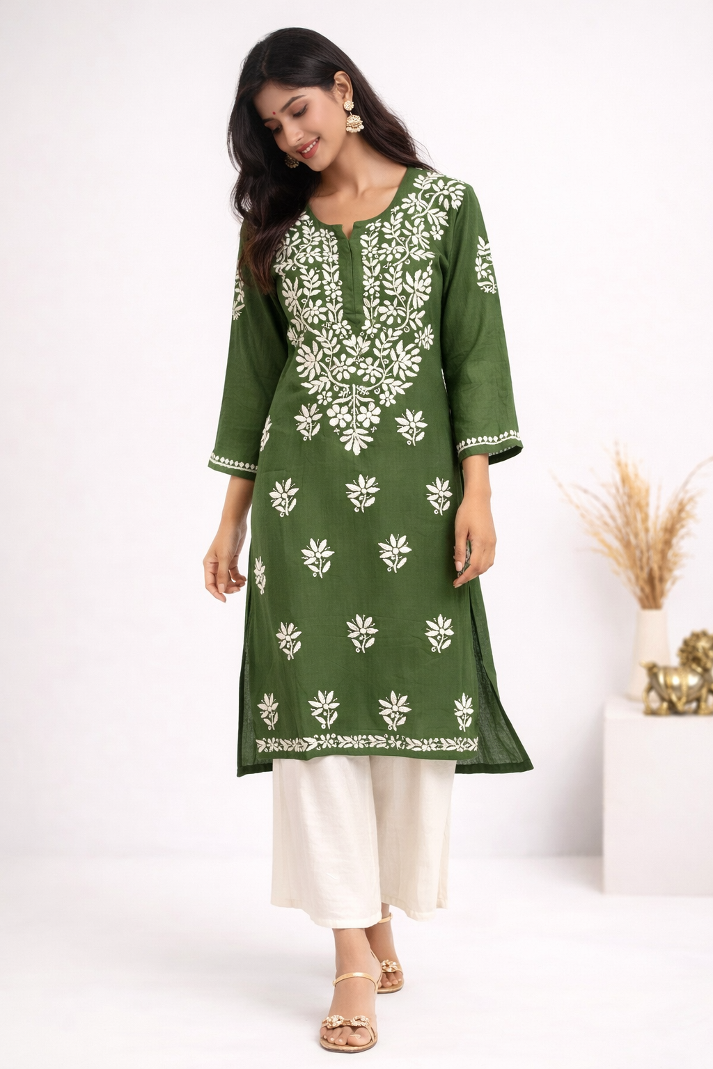 Lucknowi Chikankari Green Rayon Kurti-K000163