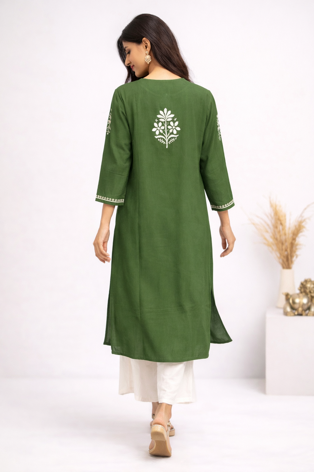 Lucknowi Chikankari Green Rayon Kurti-K000163