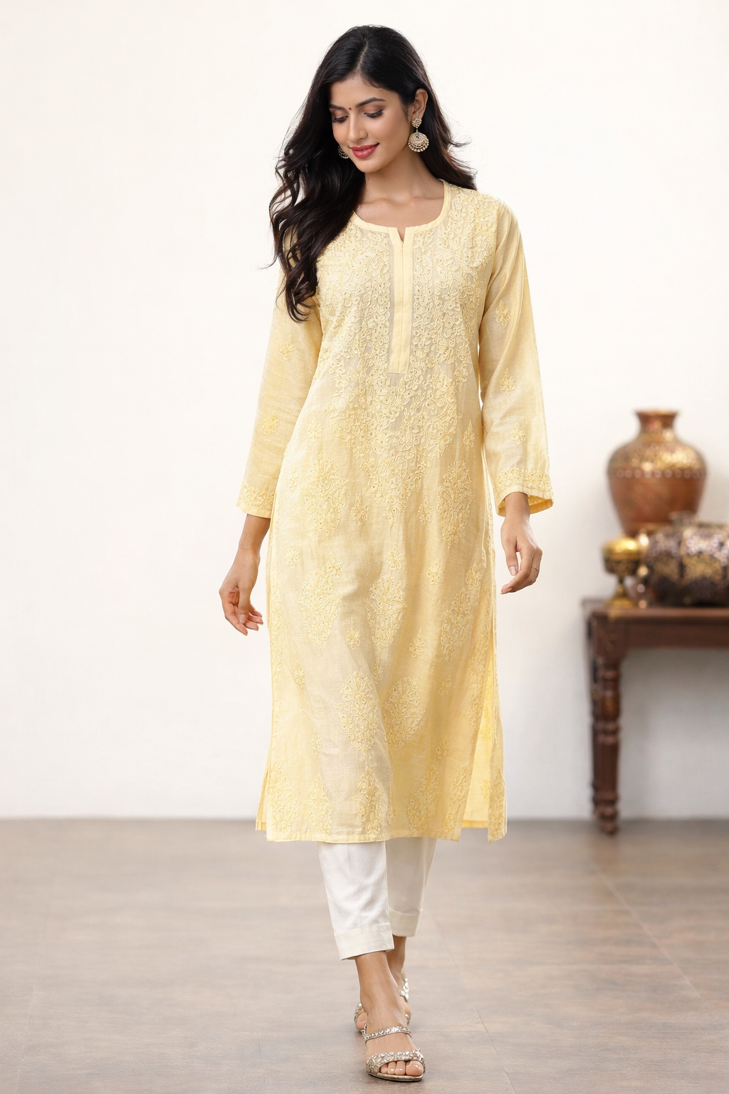 Lucknowi Chikankari Yellow Chanderi Kurti-K000171