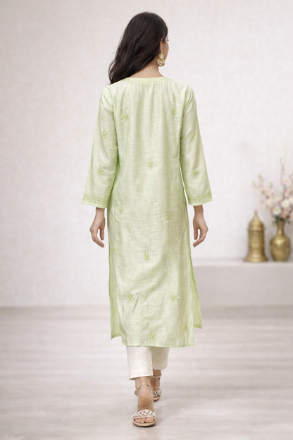 Lucknowi Chikankari Green Chanderi Kurti-K000172