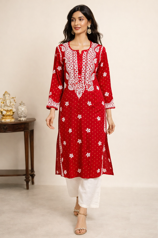 Lucknowi Chikankari Red Rayon Kurti-K20008