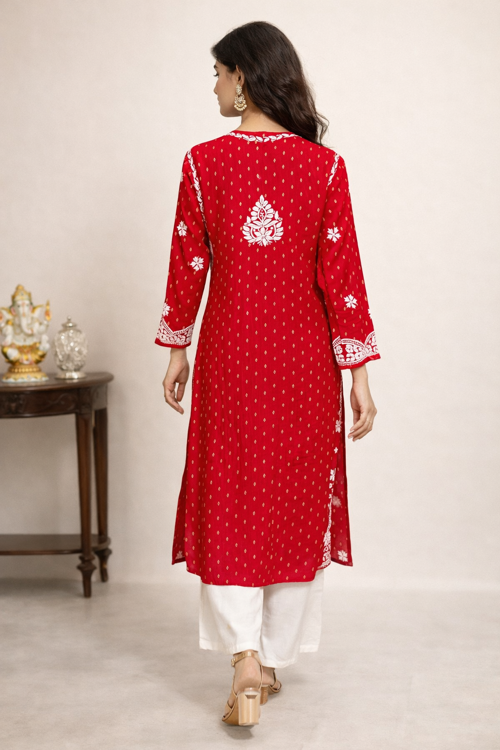 Lucknowi Chikankari Red Rayon Kurti-K20008