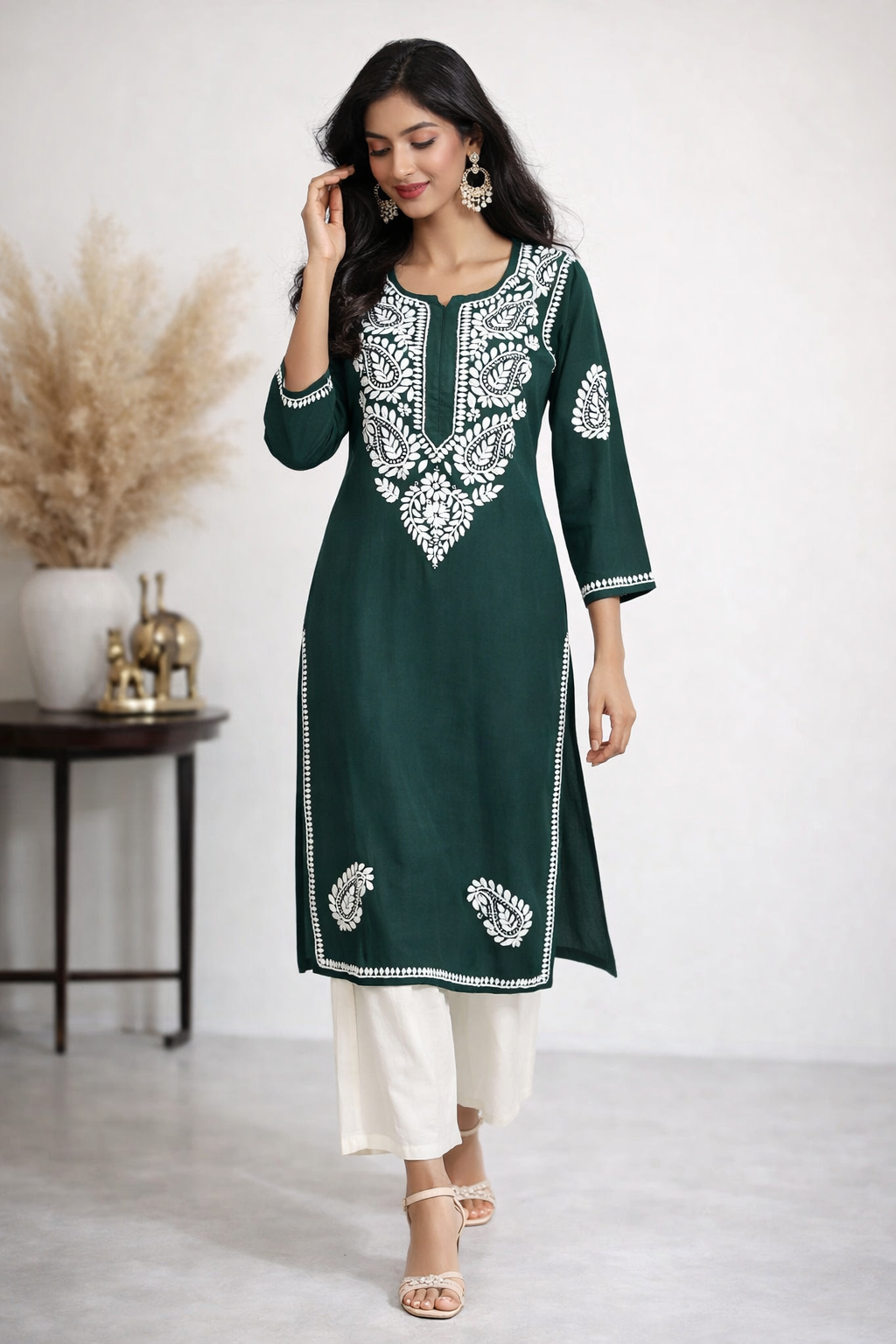 Lucknowi Chikankari Green Rayon Kurti-K20009
