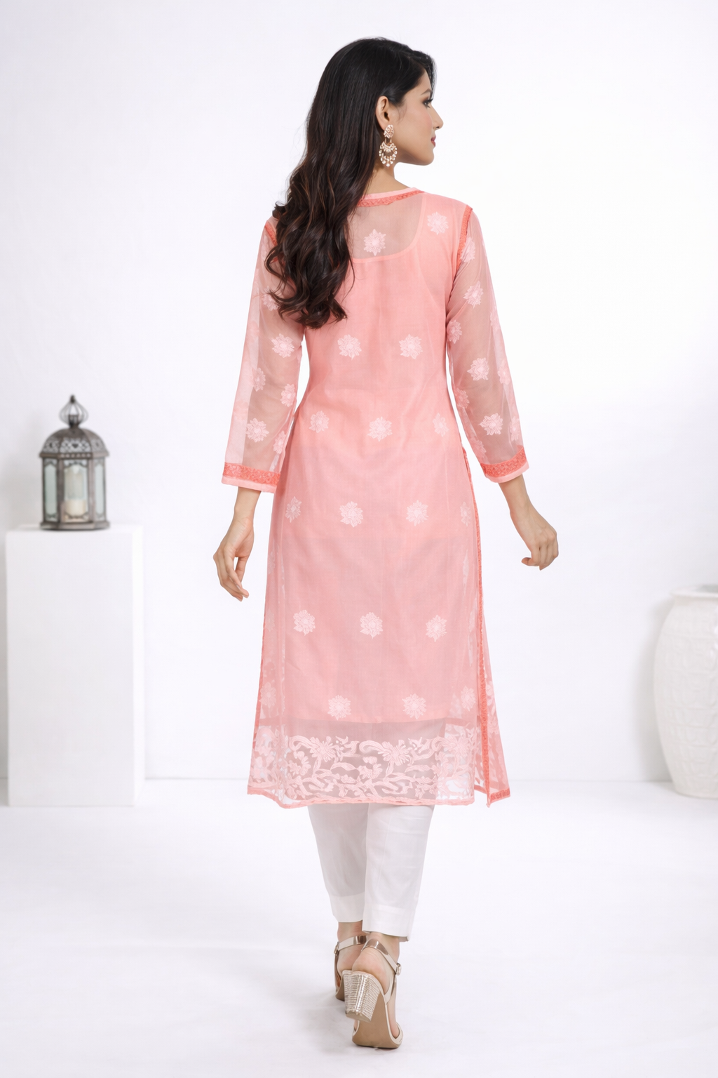 Lucknowi Chikankari Peach Georgette Kurti-K30001