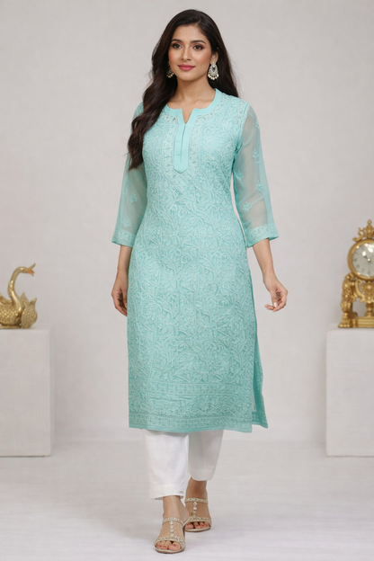 Lucknowi Chikankari Green 'Bahar' Georgette Kurti-K20004