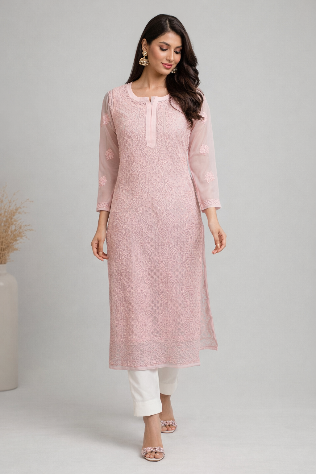 Lucknowi Chikankari Pink 'Shagufta' Georgette Kurti-K20005