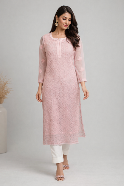 Lucknowi Chikankari Pink 'Shagufta' Georgette Kurti-K20005