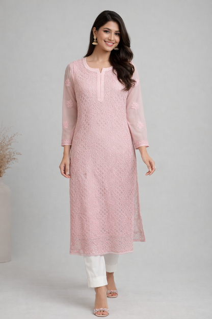 Lucknowi Chikankari Pink 'Shagufta' Georgette Kurti-K20005