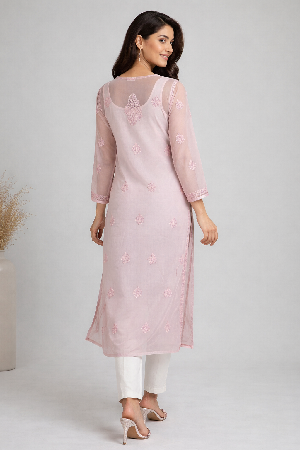 Lucknowi Chikankari Pink 'Shagufta' Georgette Kurti-K20005