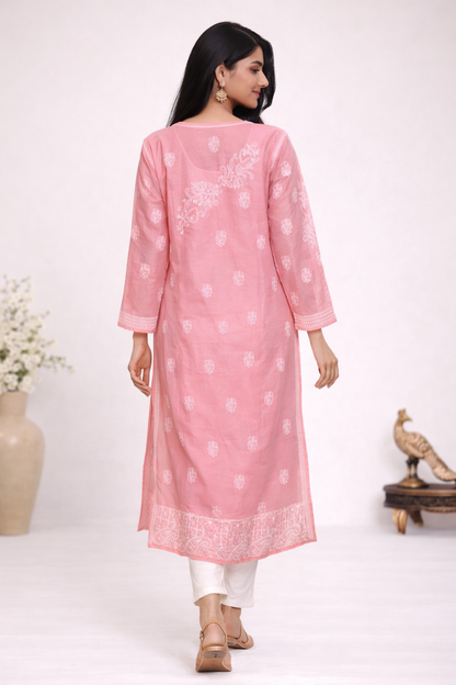 Lucknowi Chikankari Peach 'Aarooi' Cotton Kurti -K30003