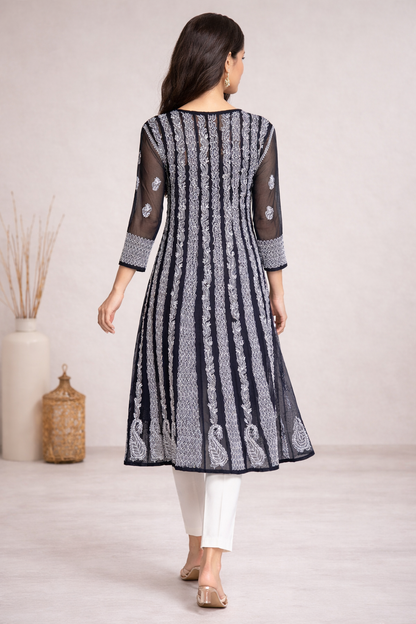 Lucknowi Chikankari Black 'Siah' Georgette Anarkali-K000023