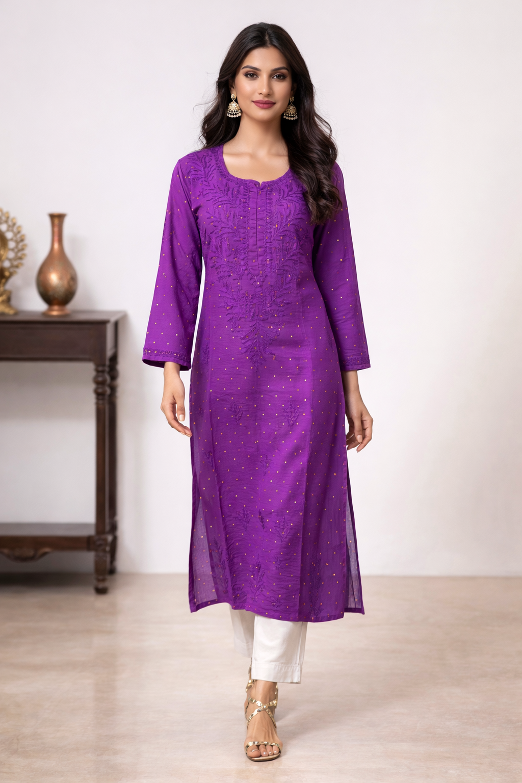 Lucknowi Chikankari Purple 'Jamuni' Chanderi Kurti-K000030