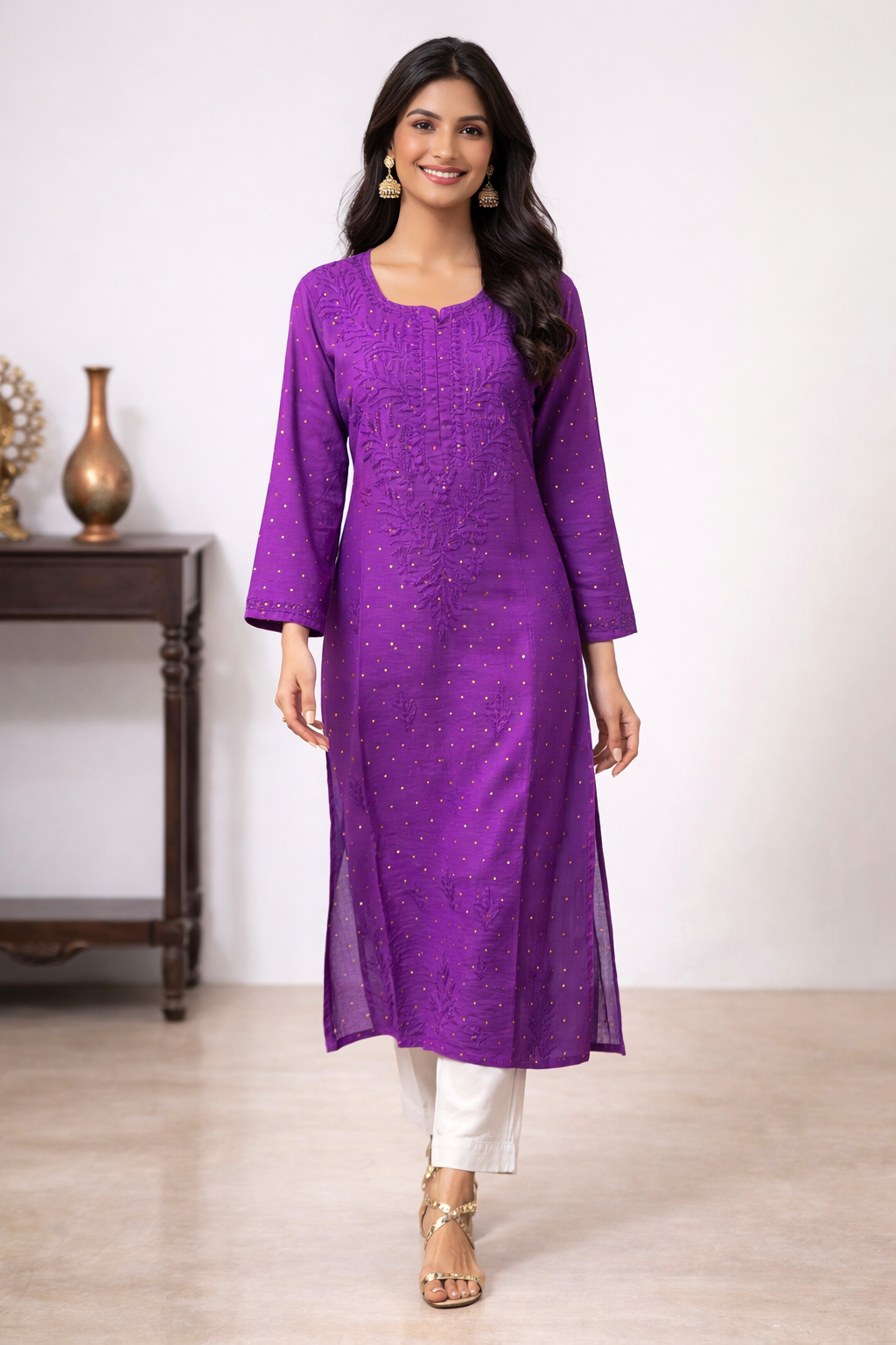 Lucknowi Chikankari Purple 'Jamuni' Chanderi Kurti-K000030