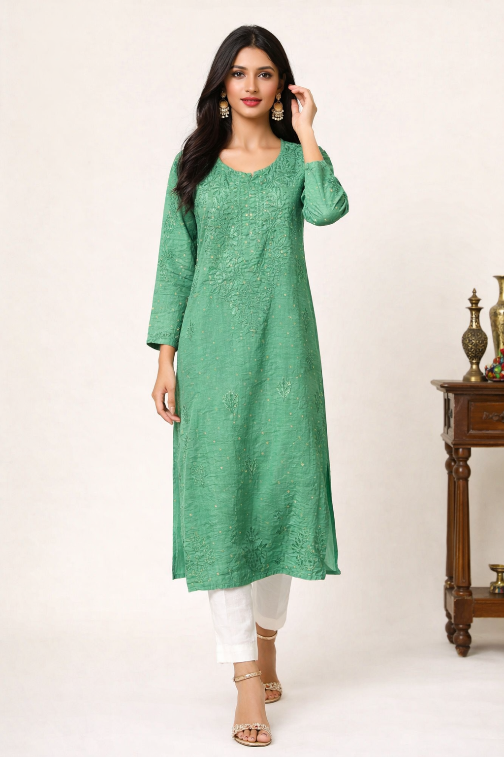 Lucknowi Chikankari Green 'Bahar' Chanderi Kurti-K000032