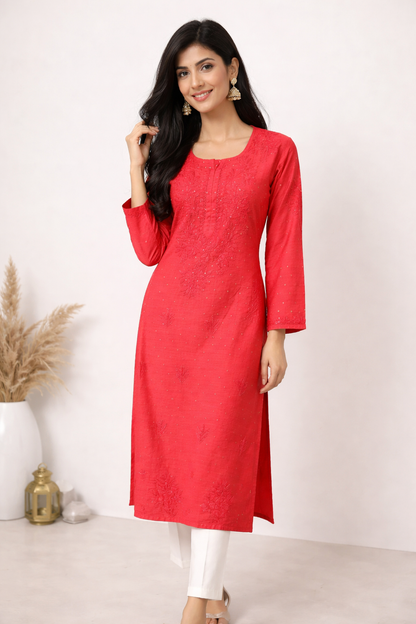 Lucknowi Chikankari Coral Pink 'Shagufta' Chanderi Kurti-K000033