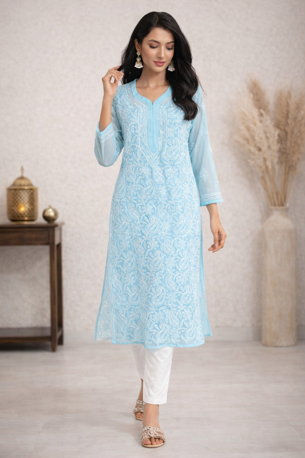 Lucknowi Chikankari Sky Blue 'Aab-e-Aasmaan' Georgette Kurti-K000031
