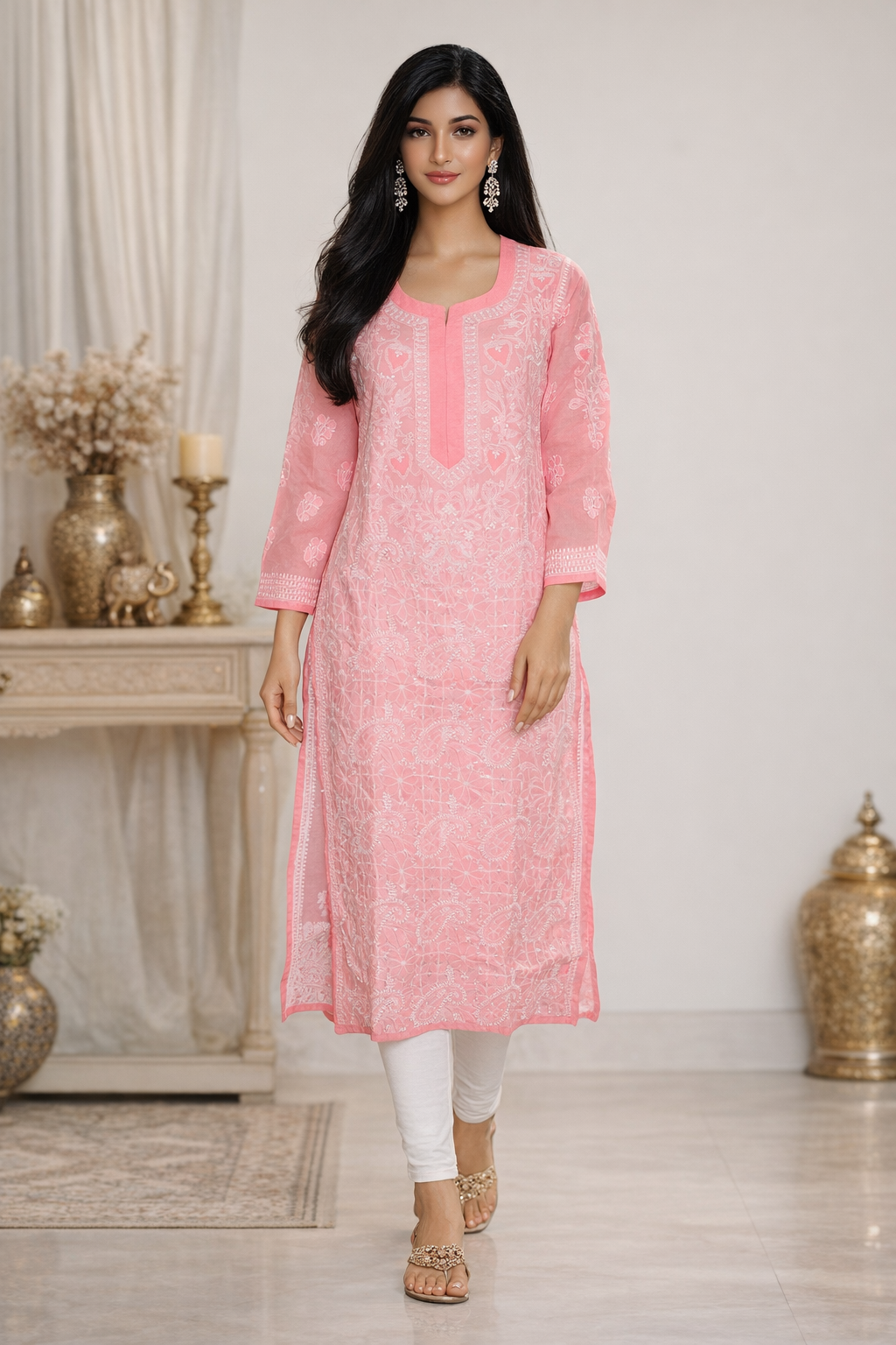 Lucknowi Chikankari Peach 'Aarooi' Cotton Kurti -K30003