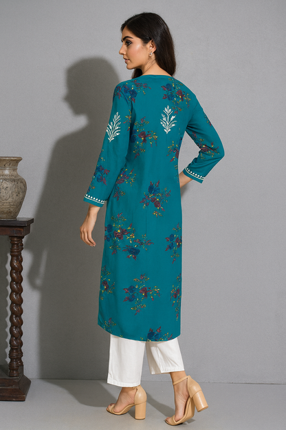 Lucknowi Chikankari Green 'Bahar' Printed Rayon Kurti-K000071