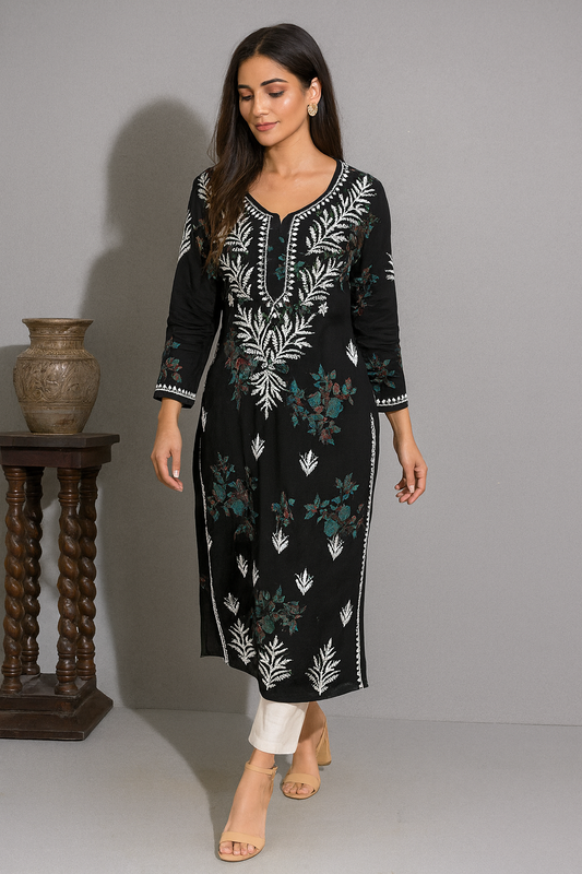 Lucknowi Chikankari Black 'Siah' Printed Rayon Kurti-K000072