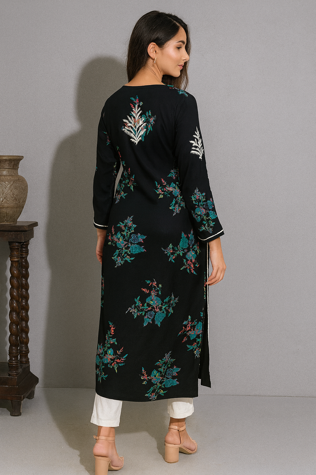 Lucknowi Chikankari Black 'Siah' Printed Rayon Kurti-K000072
