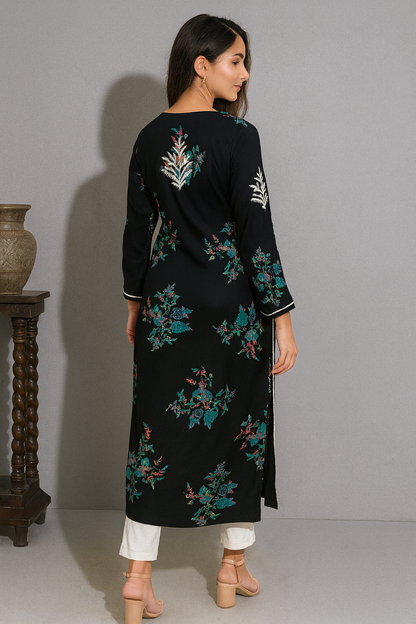 Lucknowi Chikankari Black 'Siah' Printed Rayon Kurti-K000072