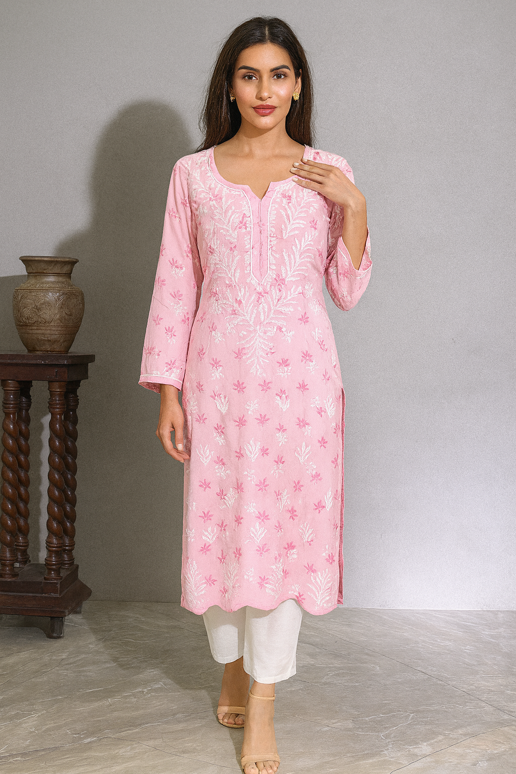 Lucknowi Chikankari Pink Printed Rayon Kurti-K000073