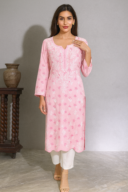 Lucknowi Chikankari Pink Printed Rayon Kurti-K000073