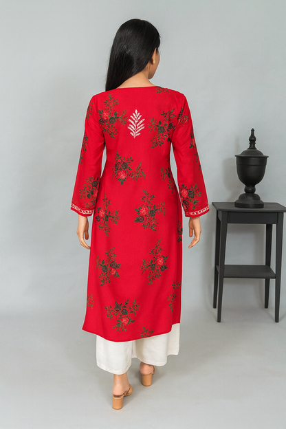 Lucknowi Chikankari Red Printed Rayon Kurti-K000074