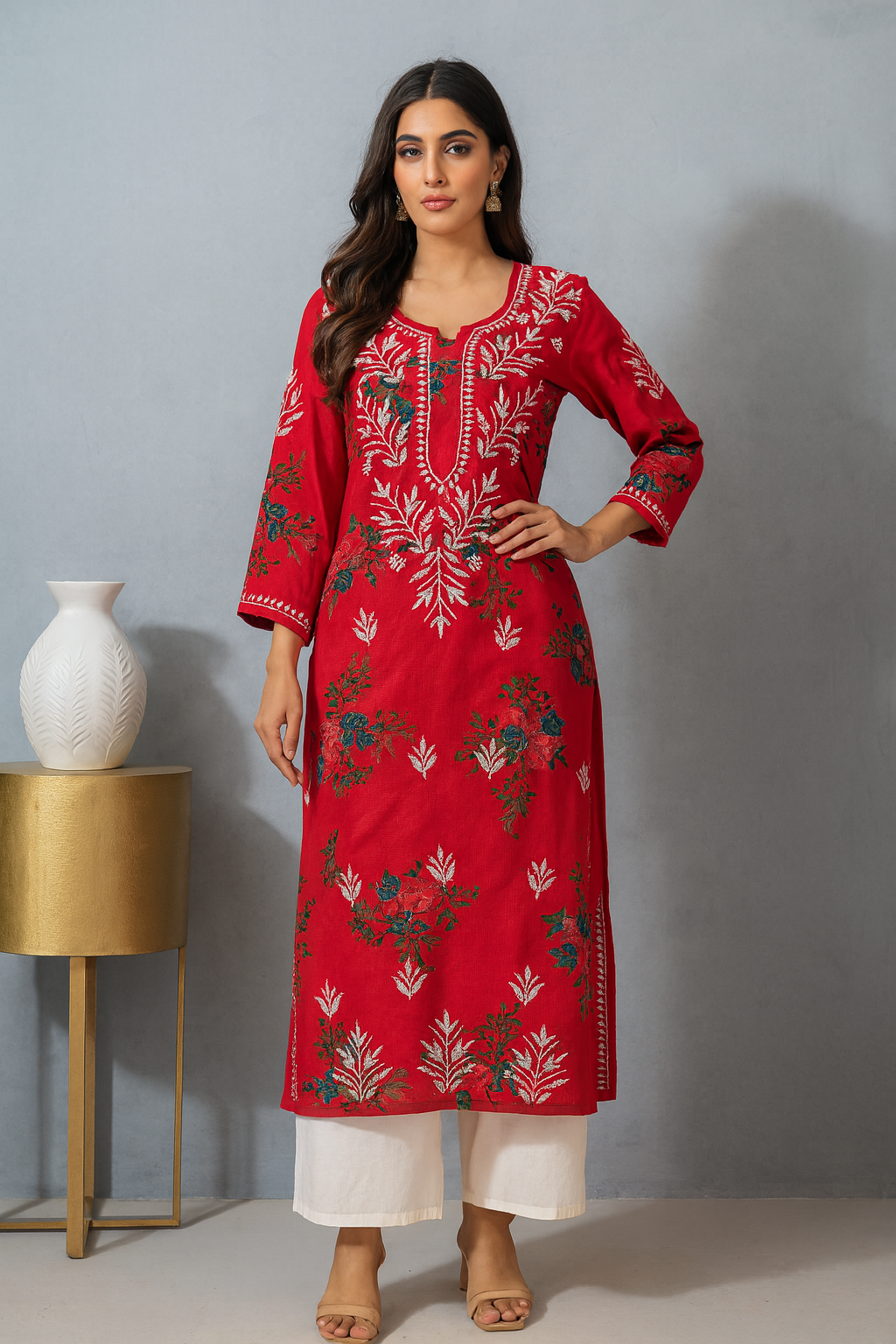 Lucknowi Chikankari Red Printed Rayon Kurti-K000074