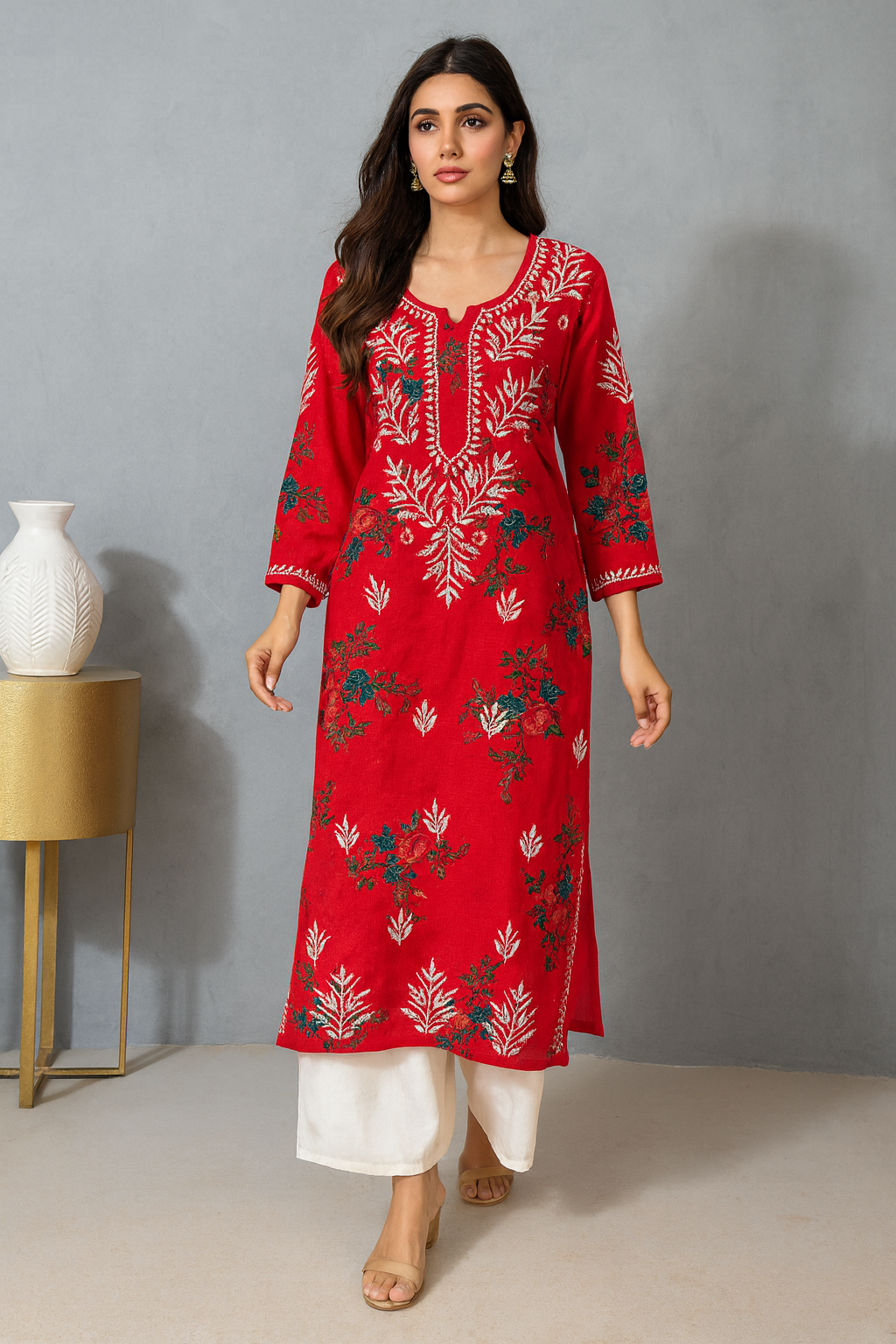 Lucknowi Chikankari Red Printed Rayon Kurti-K000074