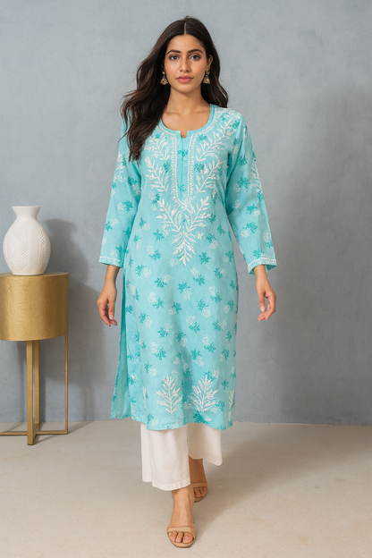 Lucknowi Chikankari Blue Printed Rayon Kurti-K000075